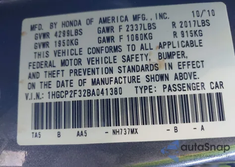 2011 Honda Accord 2.4 Lx from USA, damaged, VIN 1HGCP2F32BA041380